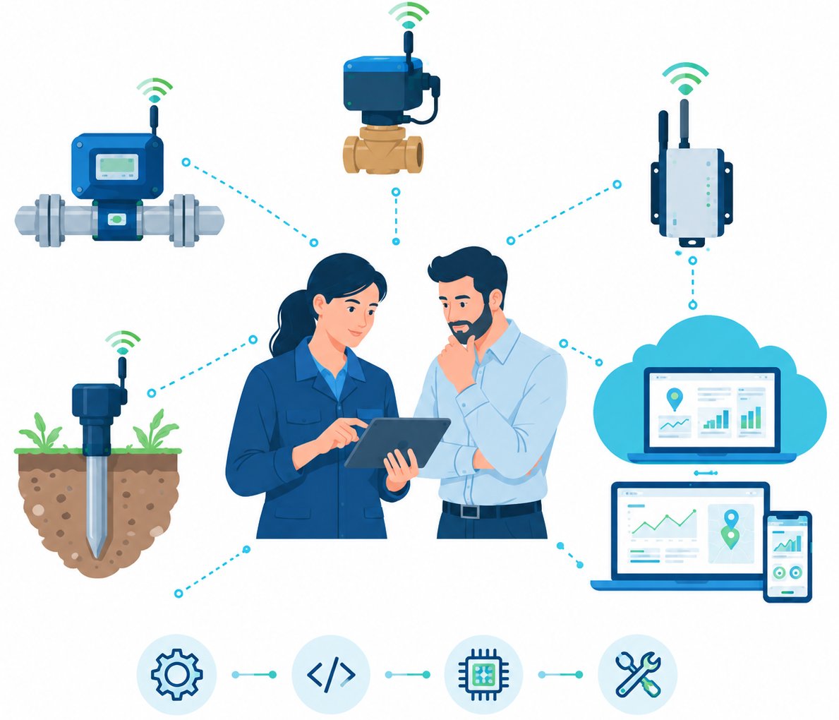 Illustration carrée du bureau d’études EGM et de ses services d’intégration IoT.